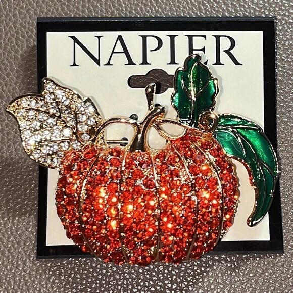 NAPIER Puffy PUMPKIN Pin Brooch Rhinestone Autumn Fall Thanksgiving NEW - Picture 2 of 4